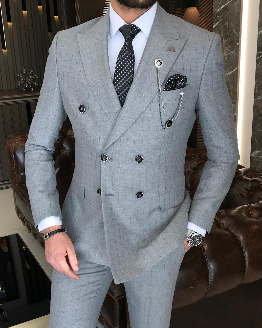 Jasper Slim-Fit Striped Double Breasted Gray Suit
