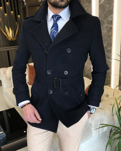 Madison Double-Breasted Belted Slim Fit Dark Blue Coat
