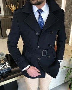 Madison Double-Breasted Belted Slim Fit Dark Blue Coat