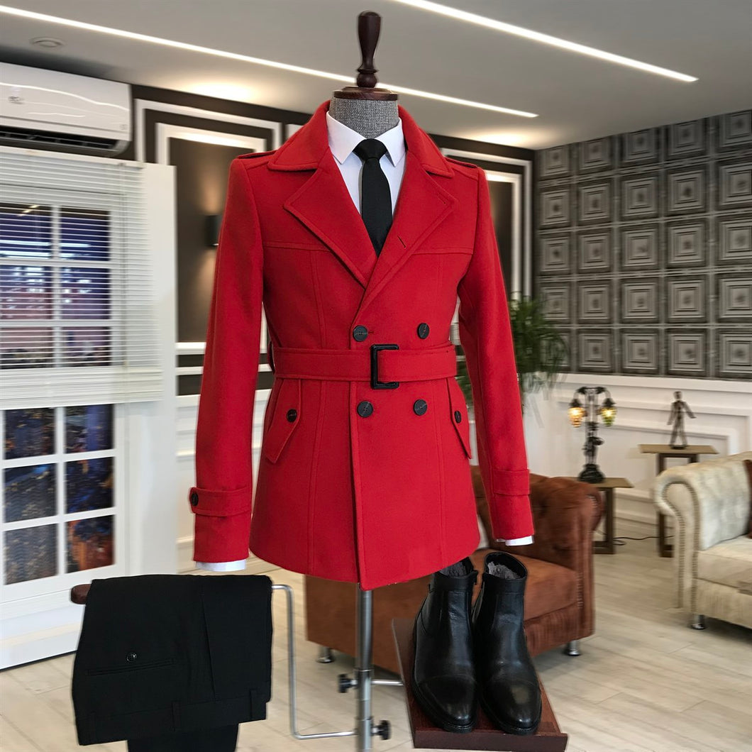 Madison Double-Breasted Belted Slim Fit Red Coat