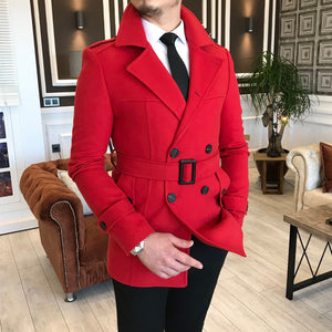 Madison Double-Breasted Belted Slim Fit Red Coat