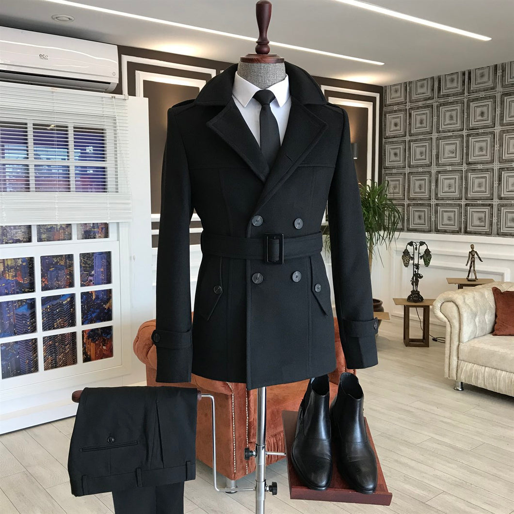Madison Double-Breasted Belted Slim Fit Black Coat