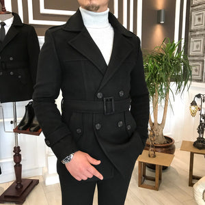 Madison Double-Breasted Belted Slim Fit Black Coat