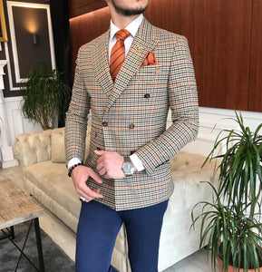 Amur Colorful Double Breasted Slim-Fit Plaid Blazer