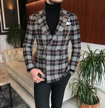 Load image into Gallery viewer, Amur Black Double Breasted Slim-Fit Plaid Blazer
