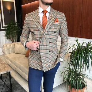 Amur Colorful Double Breasted Slim-Fit Plaid Blazer