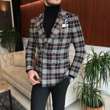 Load image into Gallery viewer, Amur Black Double Breasted Slim-Fit Plaid Blazer
