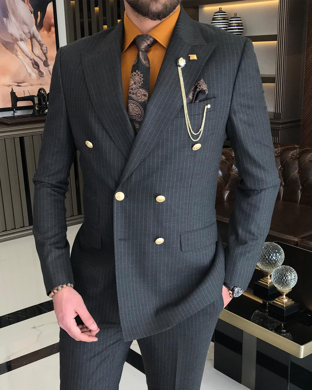 Jeremiah Slim-Fit Double Breasted Striped Anthracite Suit