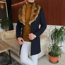 Load image into Gallery viewer, Emory Slim Fit Navy Blue Fur Overcoat
