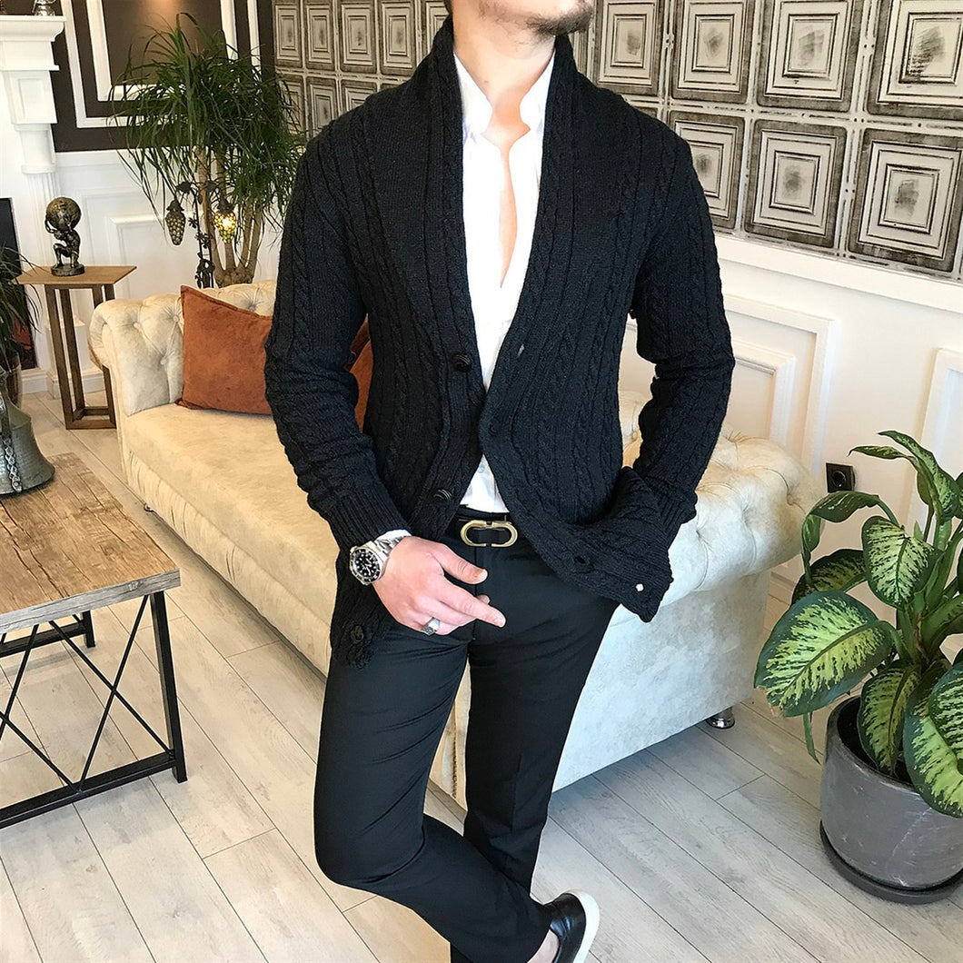 Aran-Knit Merino Wool-Blend Slim Fit Black Cardigan