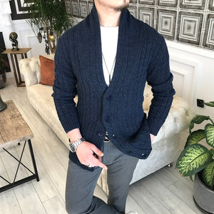 Aran-Knit Merino Wool-Blend Slim Fit Navy Blue Cardigan