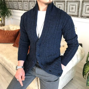 Aran-Knit Merino Wool-Blend Slim Fit Navy Blue Cardigan