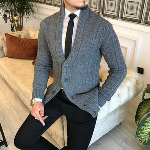 Aran-Knit Merino Wool-Blend Slim Fit Gray Cardigan