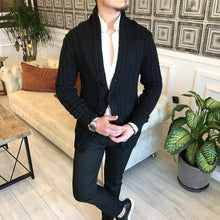 Load image into Gallery viewer, Aran-Knit Merino Wool-Blend Slim Fit Black Cardigan
