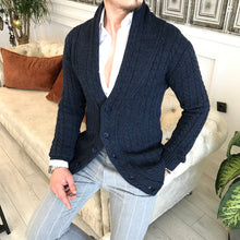 Load image into Gallery viewer, Aran-Knit Merino Wool-Blend Slim Fit Navy Blue Cardigan
