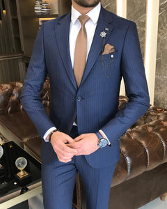 Benedict Slim Fit Striped Dark Blue Suit