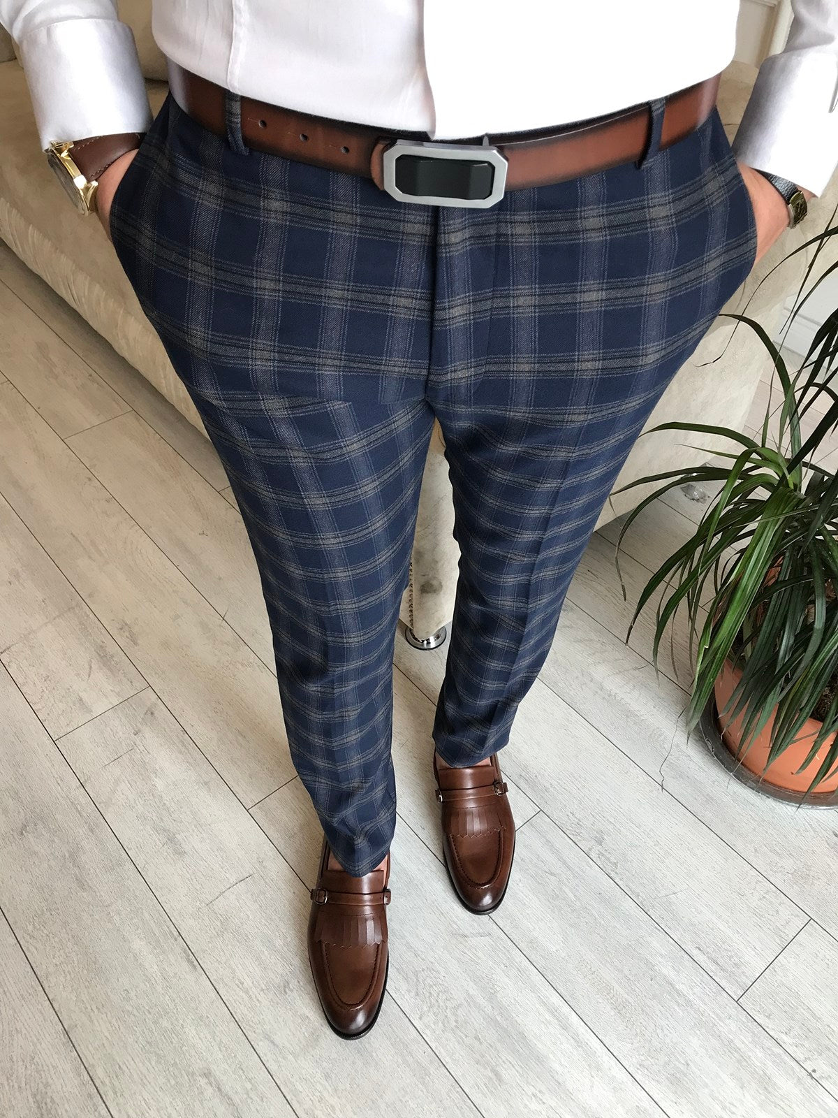 Haririci Navy Blue Plaid Slim-Fit Pants – gentsuitspage