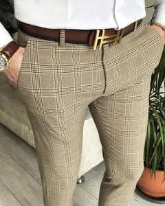 Camel Plaid Slim-Fit Pants