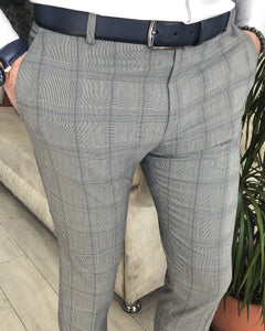 Grey Plaid Slim-Fit Pants