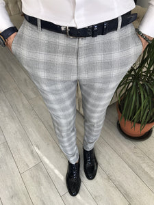 Gray Plaid Slim-Fit Pants