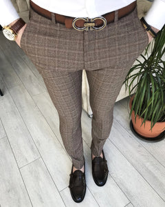 Brown Plaid Slim-Fit Pants