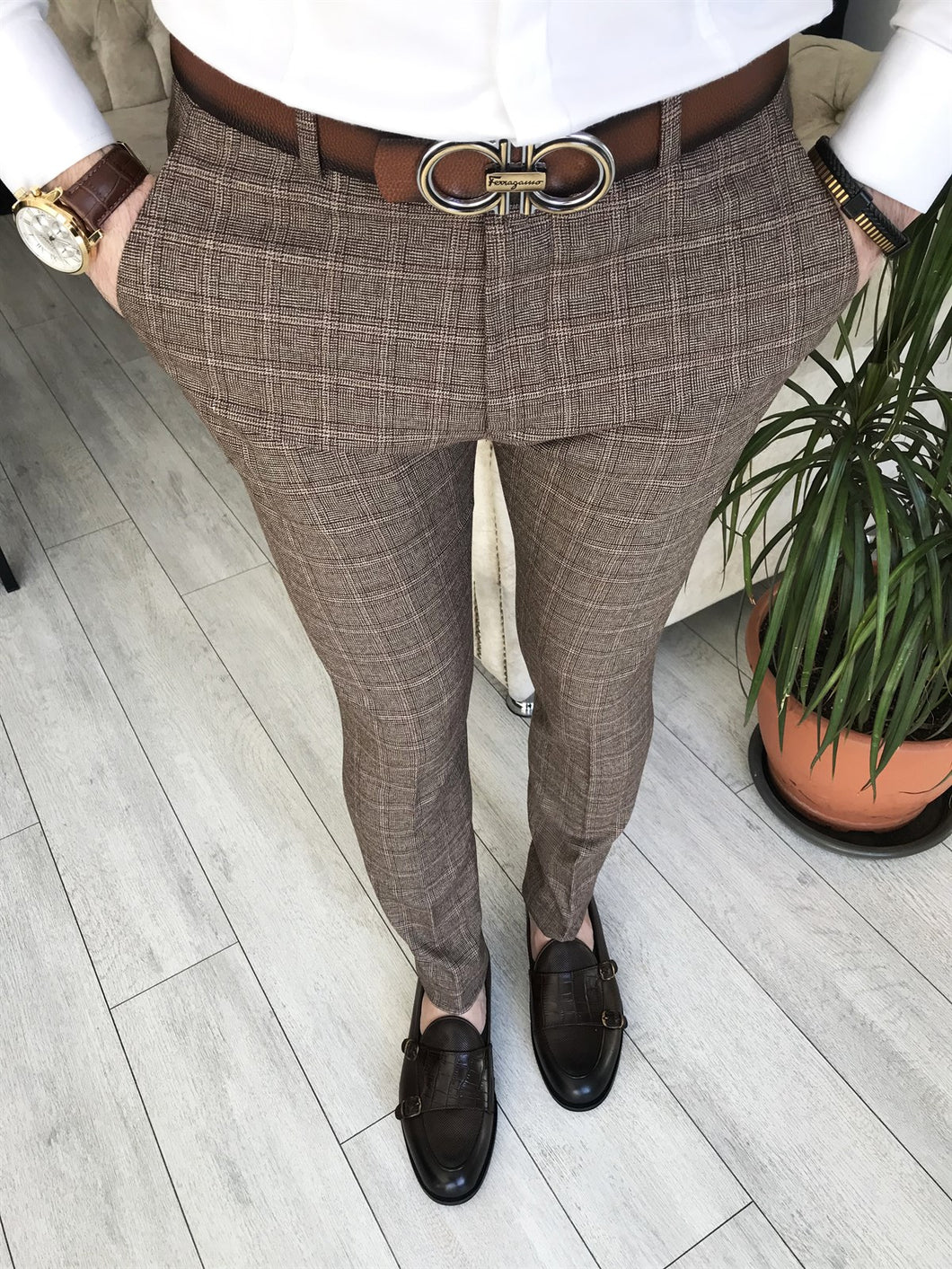 Brown Plaid Slim-Fit Pants