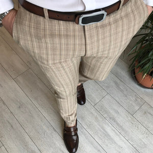 Aspen Beige Plaid Slim-Fit Pants