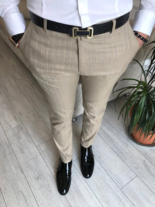 Haririci Camel Striped Slim-Fit Pants