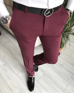 Burgundy Solid Slim-Fit Pants