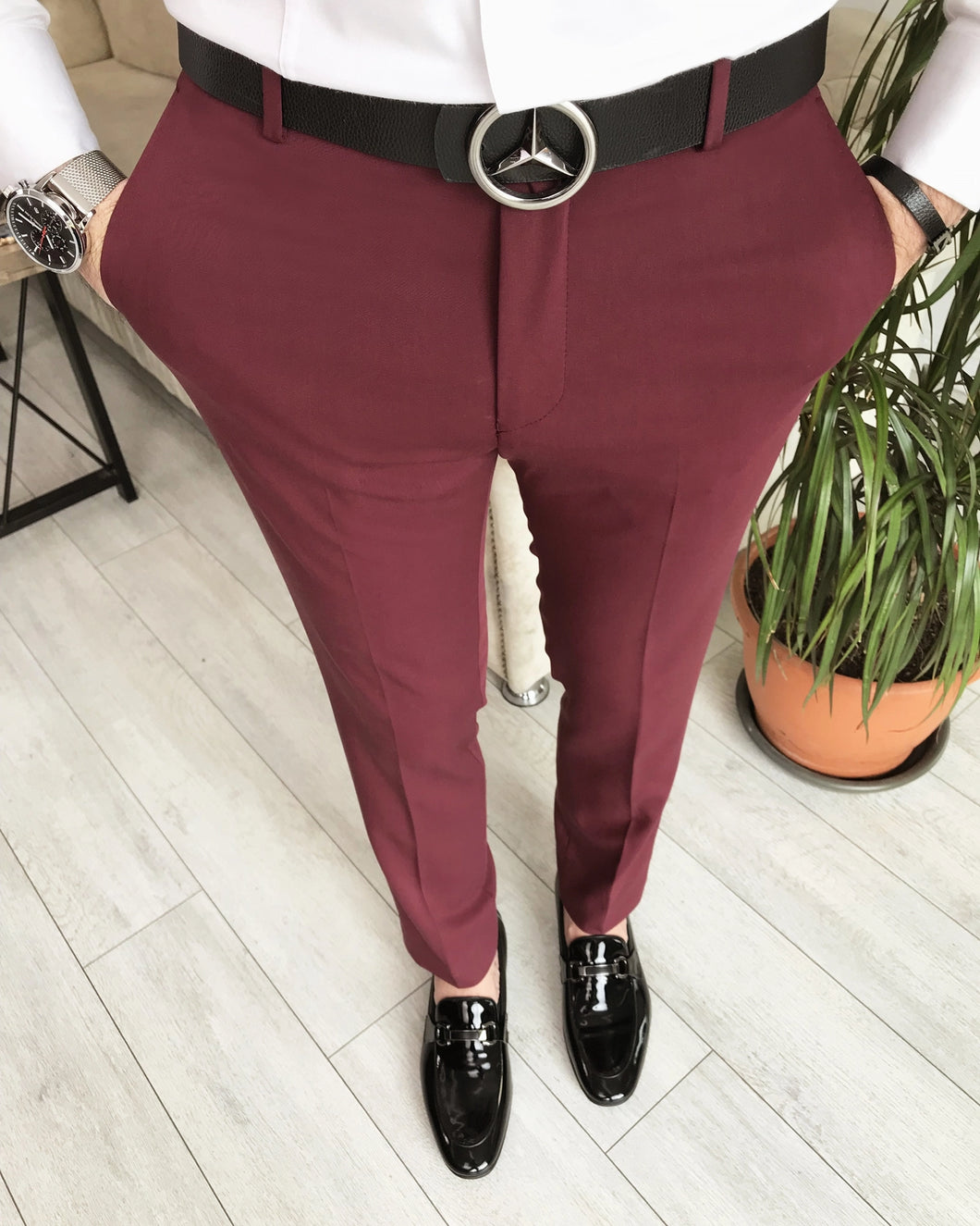 Burgundy Solid Slim-Fit Pants