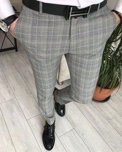Grey Plaid Slim-Fit Pants