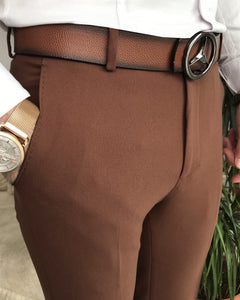 Brown Solid Slim-Fit Pants