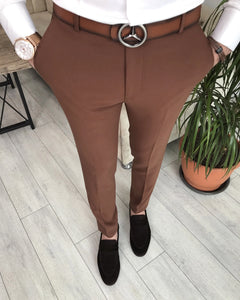 Brown Solid Slim-Fit Pants