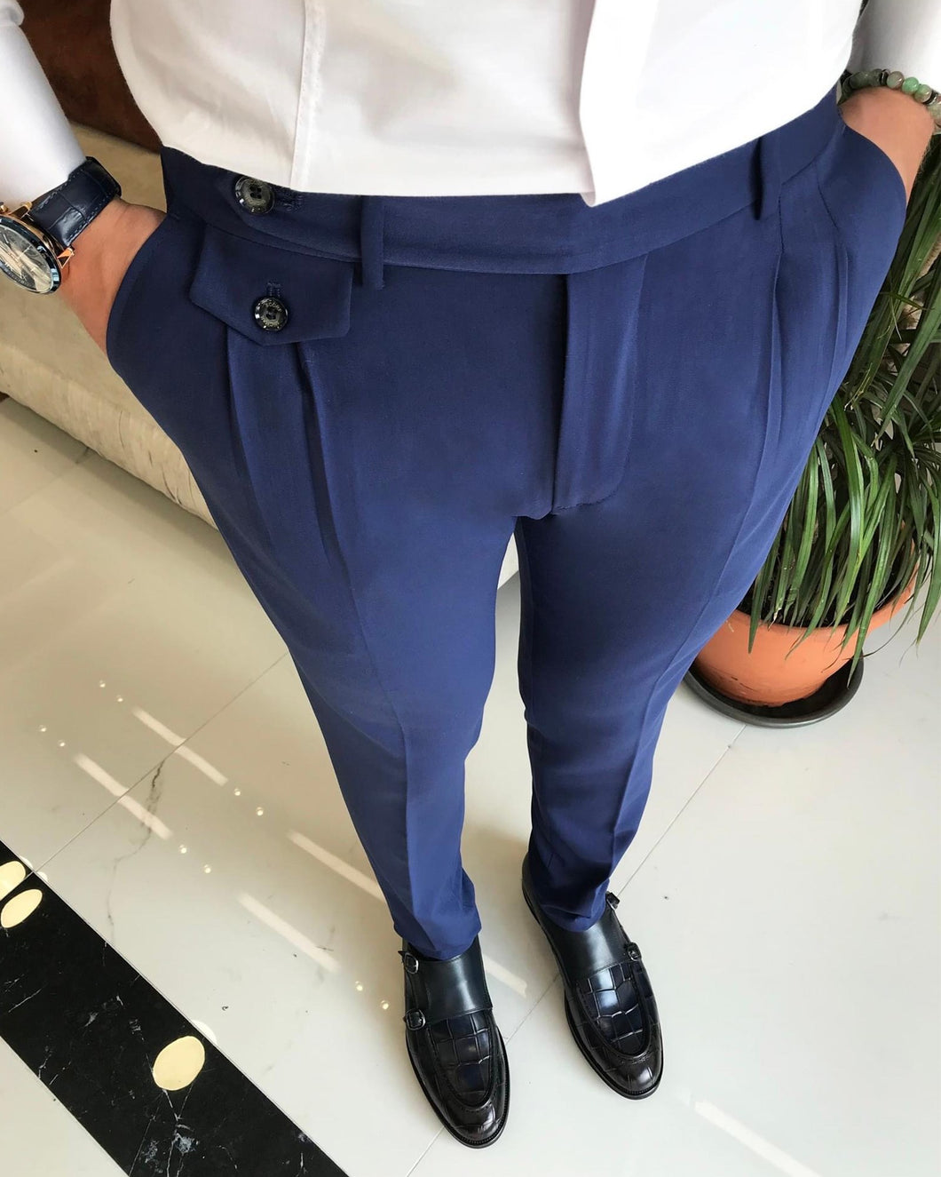 Kent Navy Blue Fold Pleated Slant Pocket Pants