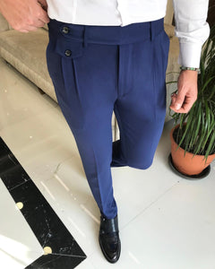 Kent Navy Blue Fold Pleated Slant Pocket Pants