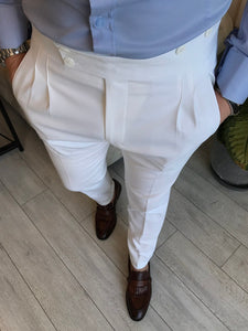 Devon White Double Pleated Slim-Fit Pants