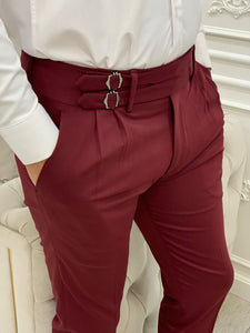 Jones Double Buckled Corset Belt Pleated Burgundy Pants